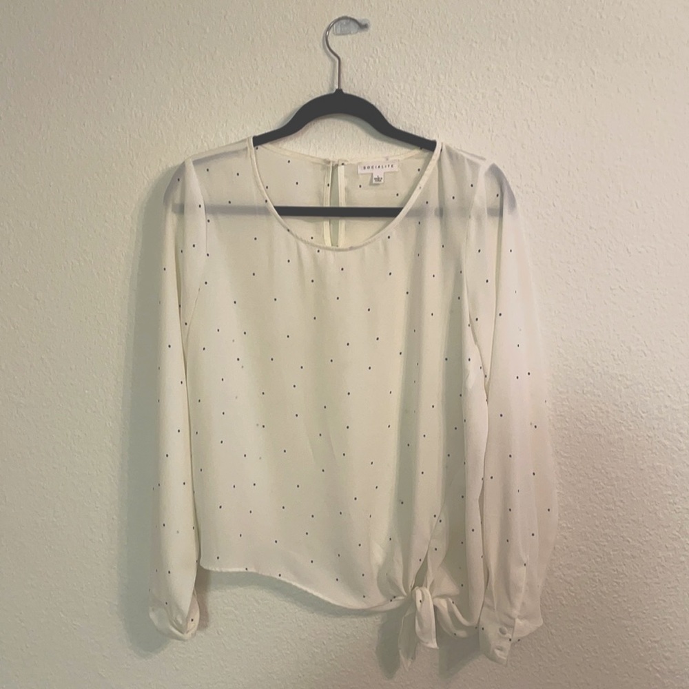 Socialite tie front white with black polka dot blouse